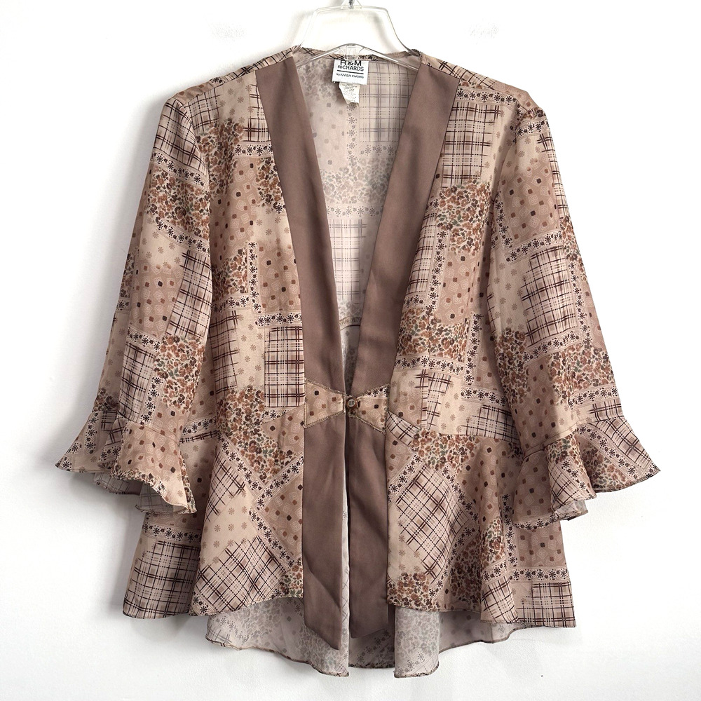 RM Richards Kimono Cardigan Jacket 16 Brown Patchwork Button‎ 3/4 Sleeve Plus